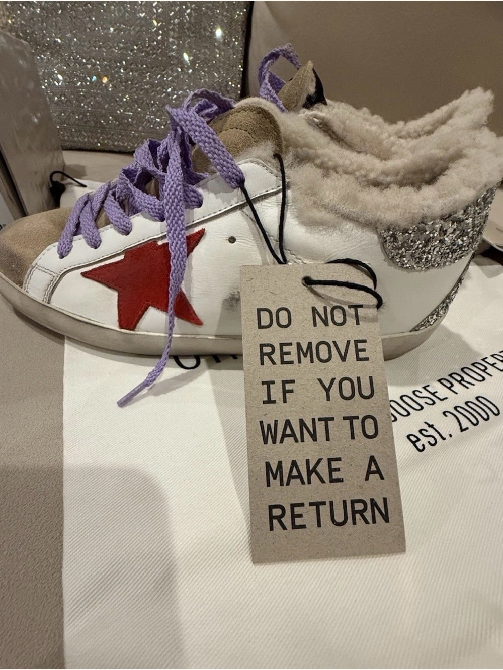 Golden Goose white sneakers with red star and silver glitter heel - Picture 4 of 8